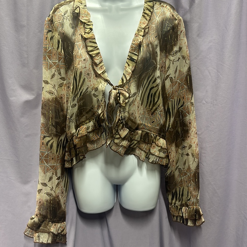 Size 22/24 sheer tie front brown with sparkle thread animal print cardigan